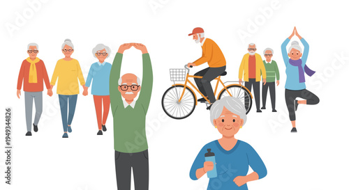 Active Seniors: Diverse Group of Elderly People Enjoying Exercise, Cycling, Walking, and Yoga for a Healthy Lifestyle
