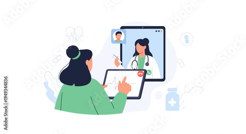 Telemedicine Consultation: Woman talking to a doctor online via video call on a tablet, showcasing virtual healthcare and telehealth services.