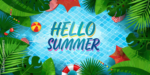 Bright summer illustration with tropical leaves and a poolside message