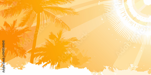 Silhouetted palm trees against a bright orange and yellow sunset
