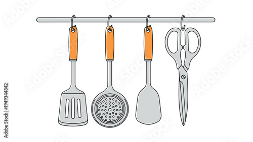 Array of kitchen tools including spatulas a skimmer and scissors with orange handles hanging on a wall rack.