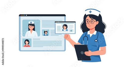 Nurse Managing Online Medical Profiles and Telemedicine Platform. Virtual Healthcare Network for Digital Consultations and Professional Staffing.
