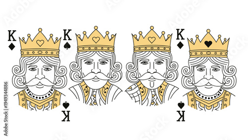 Row of four king playing cards from different suits including hearts, diamonds, clubs, and spades with golden crowns.