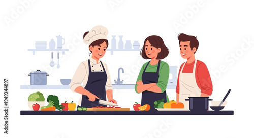 Chef Leading a Cooking Class with Students Learning to Prepare Healthy Meals in a Modern Kitchen. Culinary Workshop for Adults.