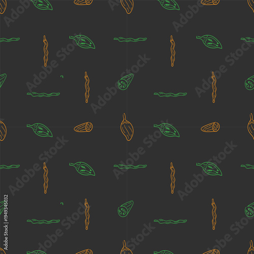 Hand drawn chili pattern, chili peppers doodles seamless background for food packaging
