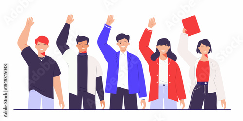 Diverse group of people raising hands in a celebratory gesture