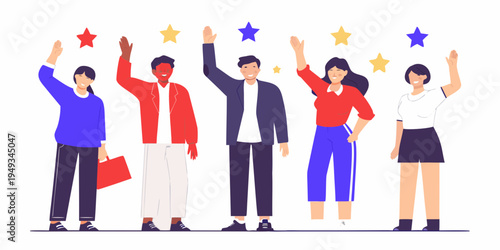 Diverse group of people celebrating success with stars above their heads