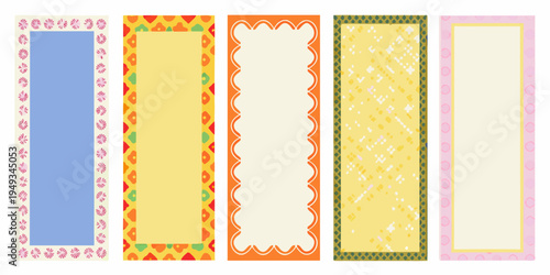 Five rectangular patterned bookmarks displayed in a horizontal row