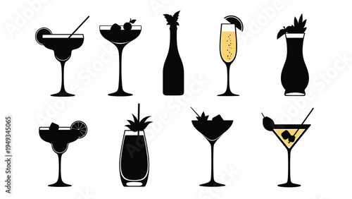 Set of ten diverse cocktail glass silhouettes in black including martini, margarita, and flute styles with decorative garnishes and liquid accents.
