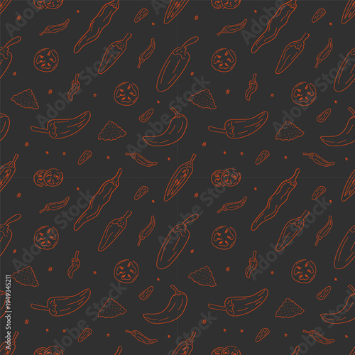 Hand drawn chili pattern, chili peppers doodles seamless background for food packaging