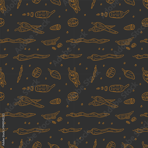 Hand drawn chili pattern, chili peppers doodles seamless background for food packaging