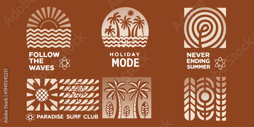 Collection of beach themed graphic designs with text and illustrations