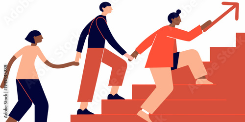 People assisting each other to climb stairs symbolizing growth and support