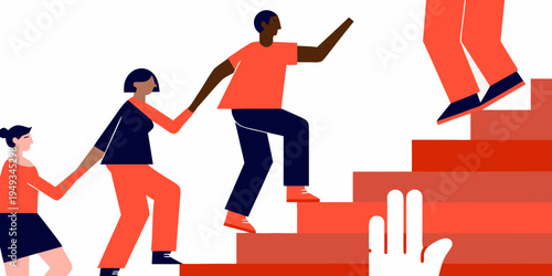 People assisting each other up a staircase symbolizing teamwork and progress
