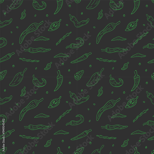 Hand drawn chili pattern, chili peppers doodles seamless background for food packaging