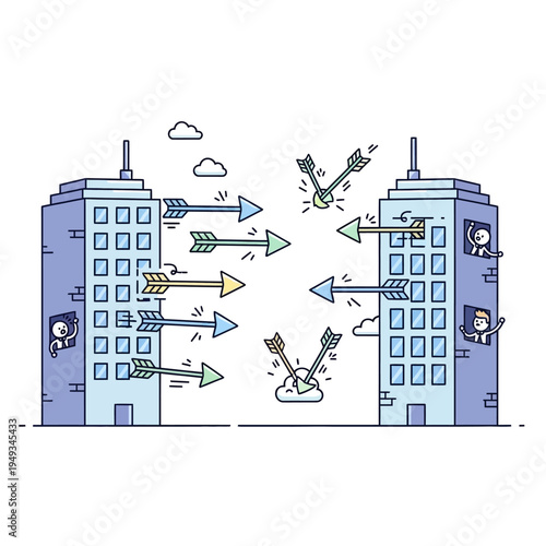 Business Competition: Arrows Flying Between Office Buildings