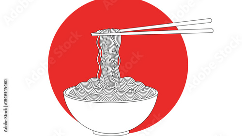 Japanese ramen bowl with noodles being lifted by chopsticks against a large red sun circle background image.