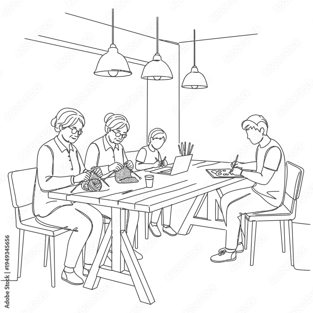 Fototapeta premium minimalist line drawing of people sitting in a cafe