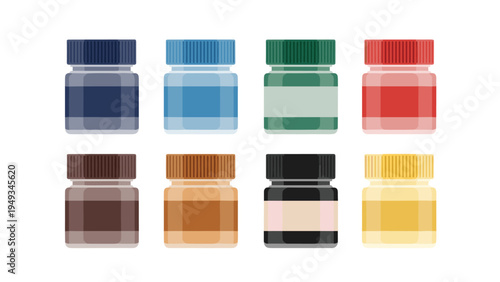 Set of eight small glass jars filled with various vibrant colors of paint or ink including blue, green, red, brown, black, and yellow shades in rows.