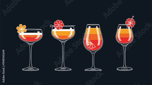 Group of four cocktail glasses filled with colorful layered liquids in red, orange, and yellow hues presented against a sophisticated dark background.