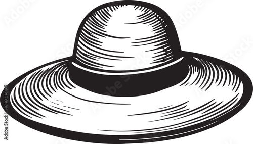 Hand Drawn Woman Hat Black and White Illustration in Minimal Line Art Style Design