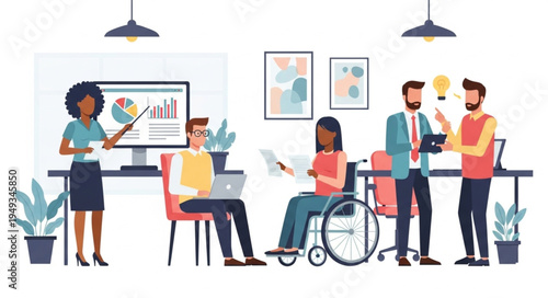 Diverse team collaborates on a business project in a modern office setting.