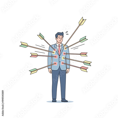 Businessman Shot By Arrows Symbolizing Criticism, Failure, And Stress