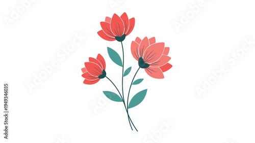 Simple illustration of three coral pink flowers on slender green stems with leaves arranged in a minimalist bouquet.