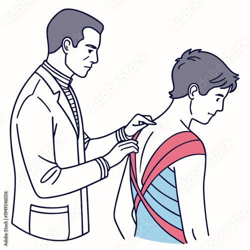 A medical professional is applying a red and blue sling to a patient's injured arm.