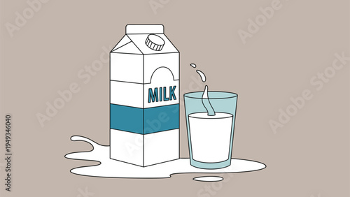 Illustration of a milk carton and a glass of milk with some spilled liquid around the base on a tan background.