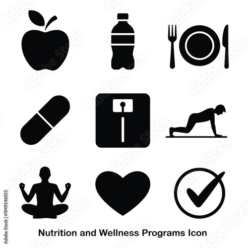 Nutrition wellness solid icons, nutrition programs, apple, water bottle, meal plate, vitamins, healthy living and diet planning concept.