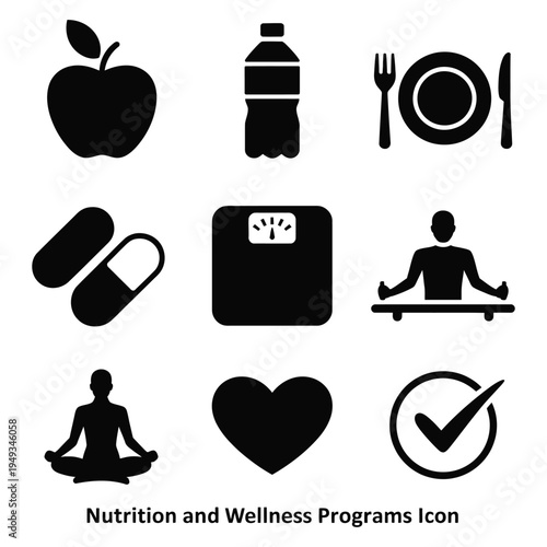 Nutrition wellness solid icons, nutrition programs, apple, water bottle, meal plate, vitamins, healthy living and diet planning concept.