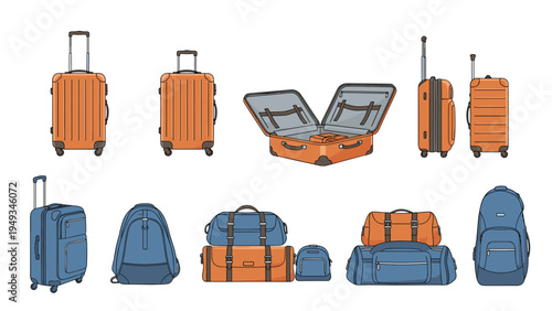 Set of various travel luggage items including orange suitcases, blue backpacks, and duffel bags for a long trip or vacation.