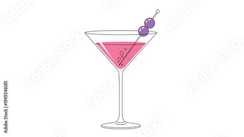 Colorful cocktail in a martini glass with pink liquid bubbles and a garnish of two purple berries on a skewer.