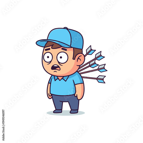 Cartoon Man Shot Multiple Arrows in Back, Feeling Pain and Shock