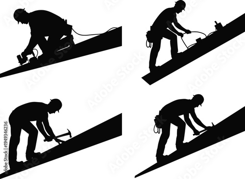 Roofer silhouette set featuring construction workers repairing house roofs with hammers and nail guns for residential building maintenance service projects. (Exactly 20 words)
