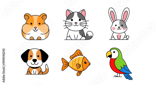 Cartoon pet animals collection on white