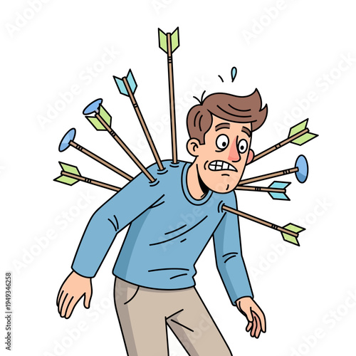 Man pierced by multiple arrows, cartoon illustration, concept of criticism or attack