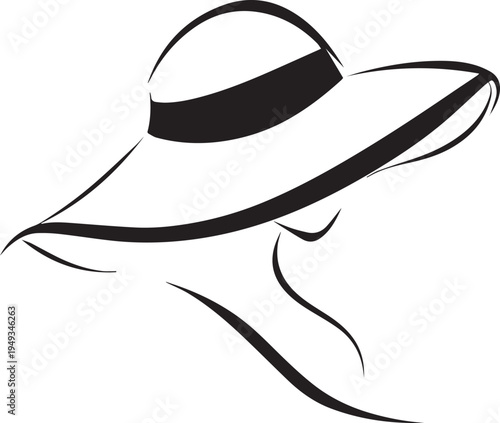 Hand Drawn Woman Hat Black and White Illustration in Minimal Line Art Style Design