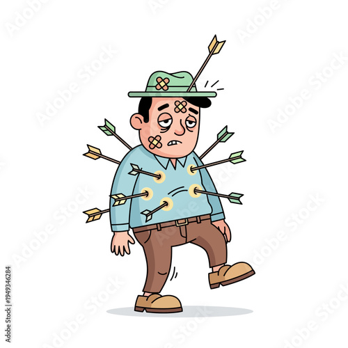 Man Shot with Arrows, Injured and Tired, Cartoon Character