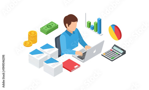 Isometric illustration of a person managing finances and business tasks.