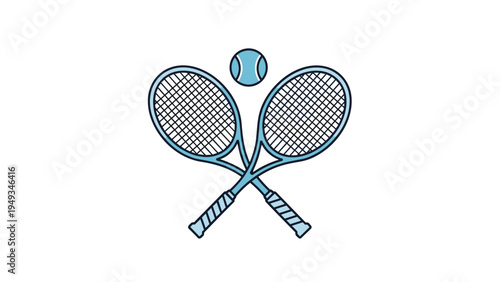 Two crossed blue tennis rackets with a single tennis ball in the center positioned on a clean white background.
