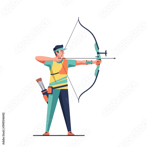 Archer aiming bow and arrow, athletic sport, outdoor recreation, vector illustration