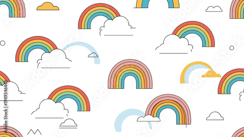 Fun seamless pattern of colorful rainbows, fluffy white clouds, and blue raindrops on a bright white background for kids.