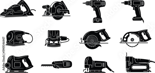 Power tools silhouette set featuring electric drills, circular saws, planers, and jigsaws for professional woodworking, carpentry, and home improvement projects. (Exactly 20 words)