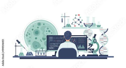 Scientist Analyzing DNA & Biological Data in Modern Lab. Biotechnology, Genetics & Medical Research Concept.