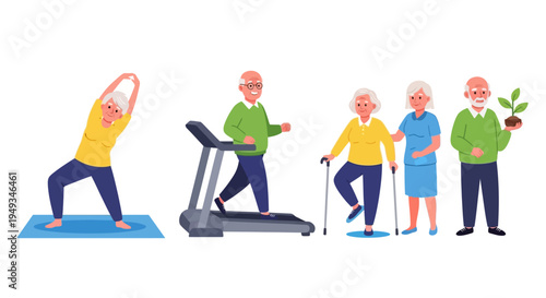 Active Senior Lifestyle: Diverse elderly people exercising, walking, stretching, and engaging in wellness activities.