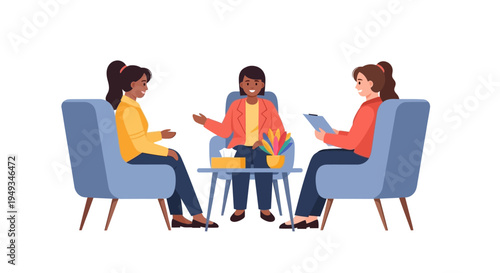 Diverse Women's Group Therapy Session: Mental Health Counseling & Emotional Support with a Professional Therapist. Flat Vector Illustration.