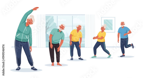 Active Seniors Exercising Together - Group of Elderly People Practicing Fitness and Wellness Indoors