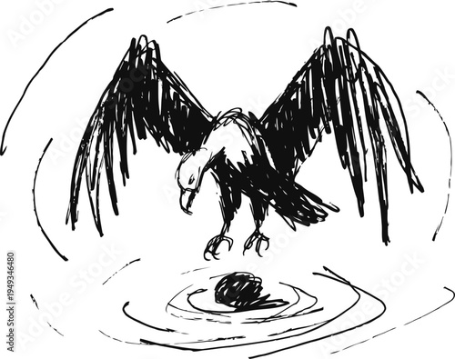 eagle swooping over water to catch prey with wings spread wide in dynamic motion